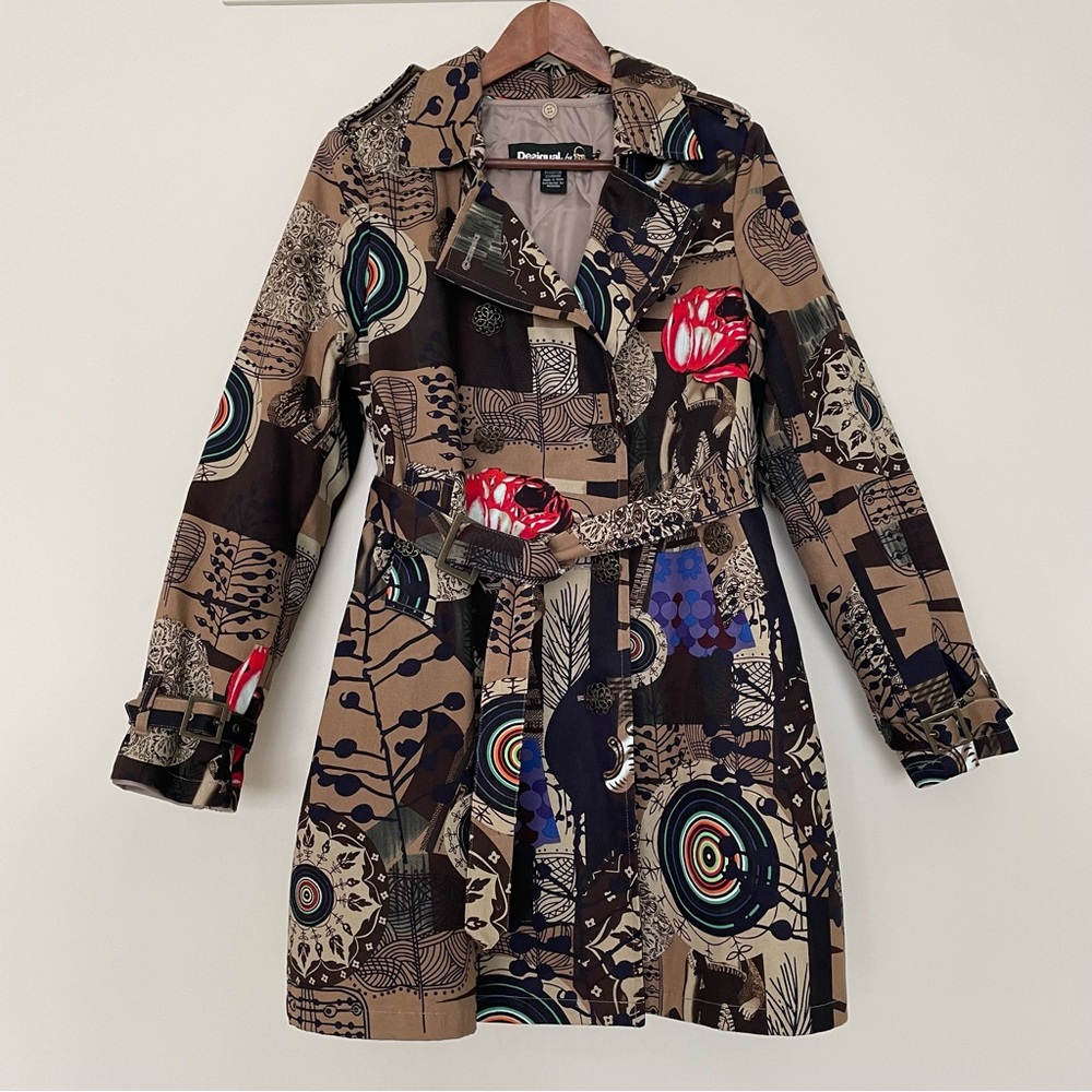 Desigual Mixed Print Belted Double Breast Removable Lining Trench Coat Jacket 42